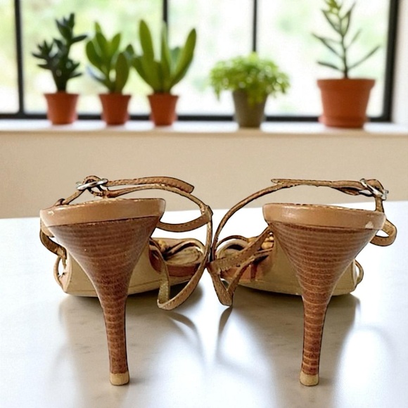 Marinelli “Riona” Beaded Wooden Bezel Stone T-Strap Heels Sandals - Picture 7 of 16